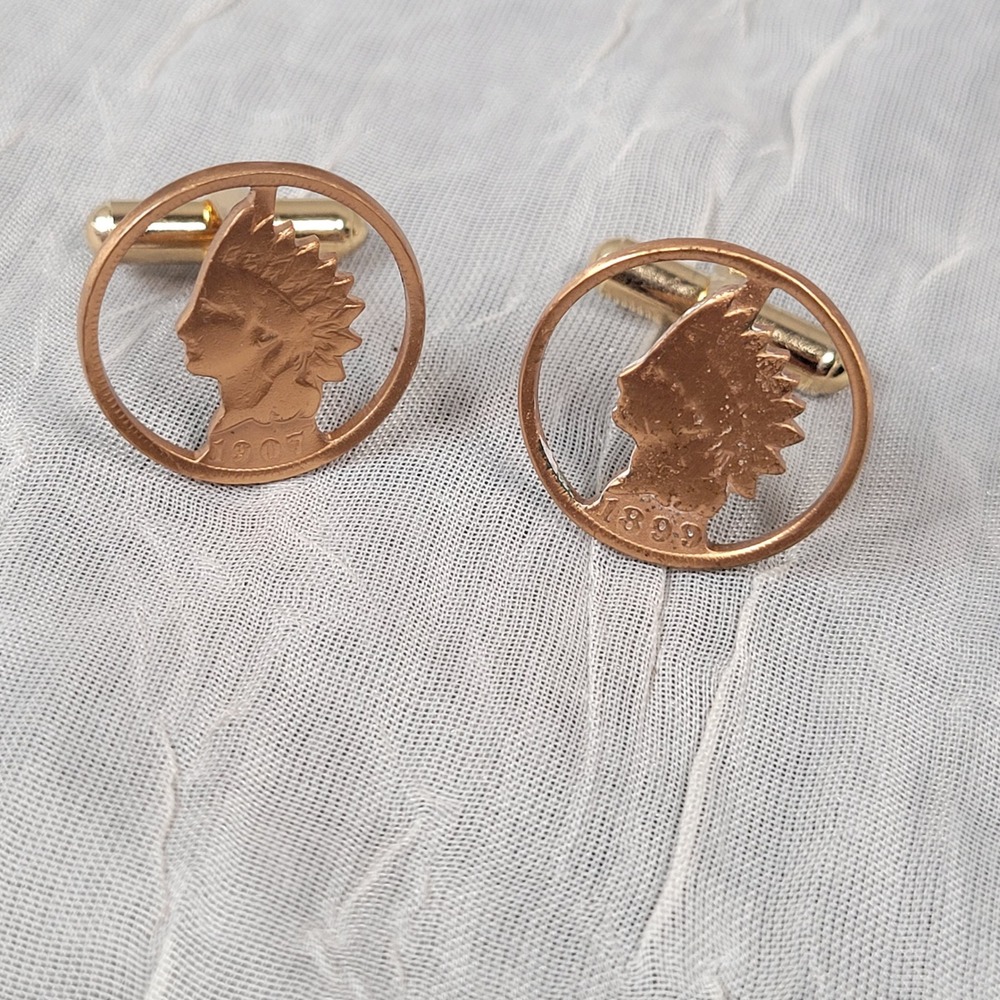 Indian Head Copper Penny Cut Out Cuff Links 1899 1907 Coin Jewelry